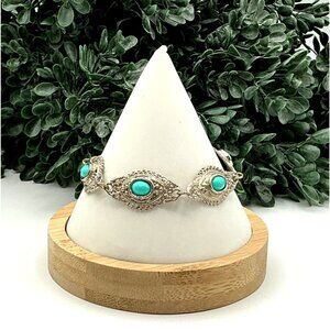 Vintage Silver-Tone Bracelet With Turquoise-Colored Stones & Ornate Filigree Des